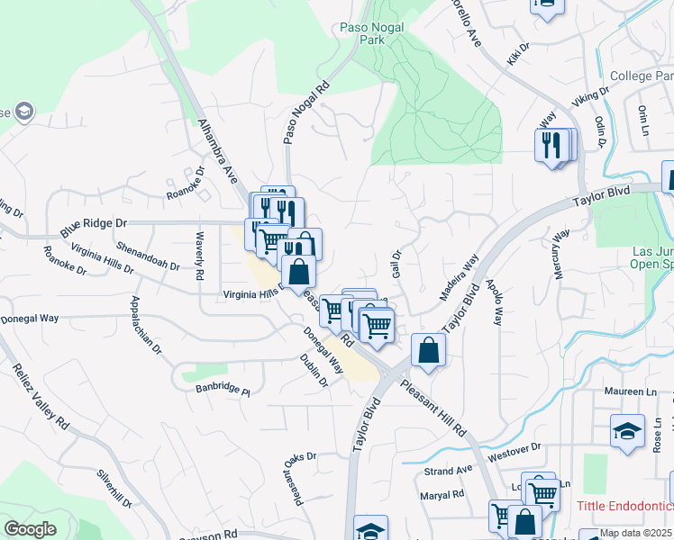 map of restaurants, bars, coffee shops, grocery stores, and more near 2 Topaz Lane in Pleasant Hill
