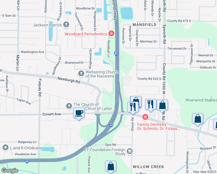 map of restaurants, bars, coffee shops, grocery stores, and more near 5311 Rosebud Lane in Newburgh