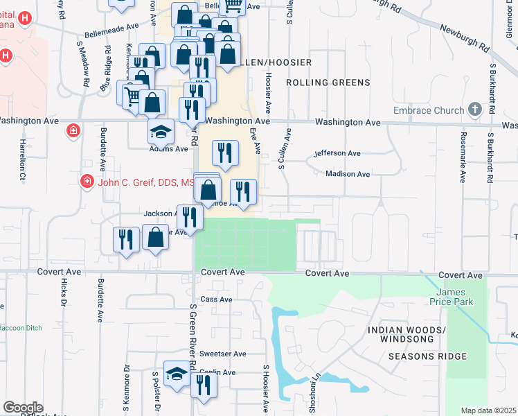 map of restaurants, bars, coffee shops, grocery stores, and more near 5151 Monroe Avenue in Evansville