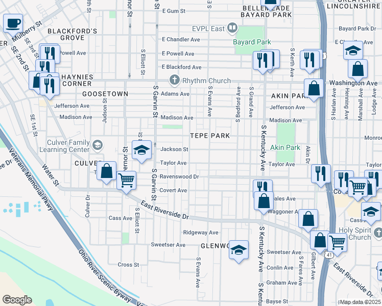 map of restaurants, bars, coffee shops, grocery stores, and more near 712 Taylor Avenue in Evansville