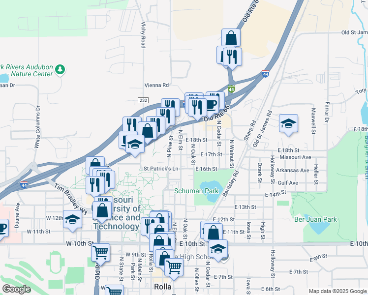 map of restaurants, bars, coffee shops, grocery stores, and more near 100 East 17th Street in Rolla