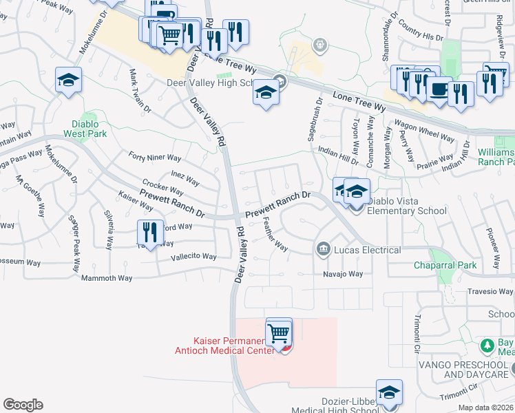 map of restaurants, bars, coffee shops, grocery stores, and more near 5032 Apache Court in Antioch