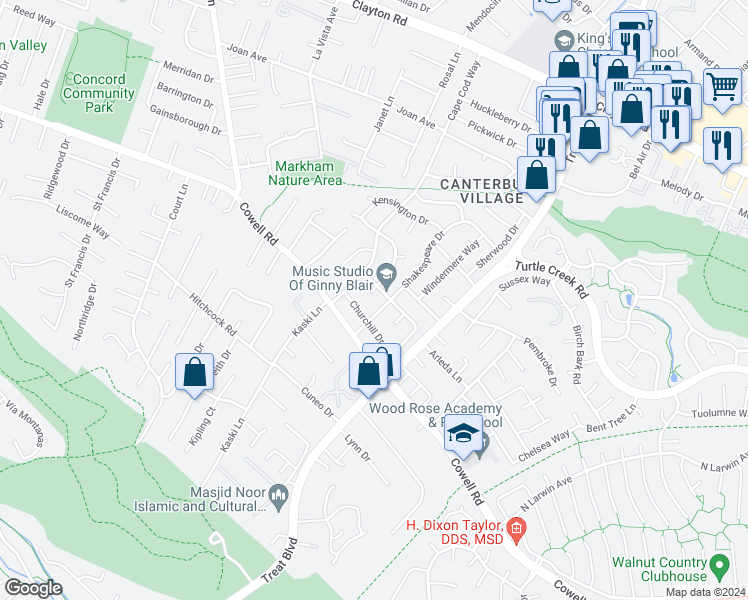 map of restaurants, bars, coffee shops, grocery stores, and more near 1224 Juliet Court in Concord