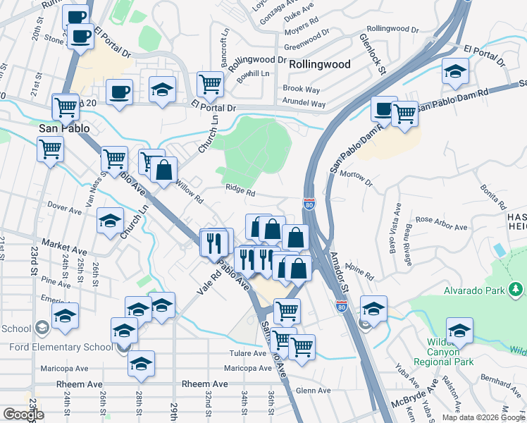 map of restaurants, bars, coffee shops, grocery stores, and more near 15 Maria Vega Court in San Pablo