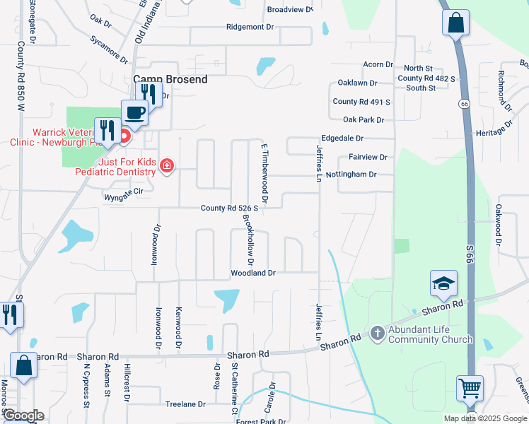 map of restaurants, bars, coffee shops, grocery stores, and more near 7711 County Road 526 South in Newburgh