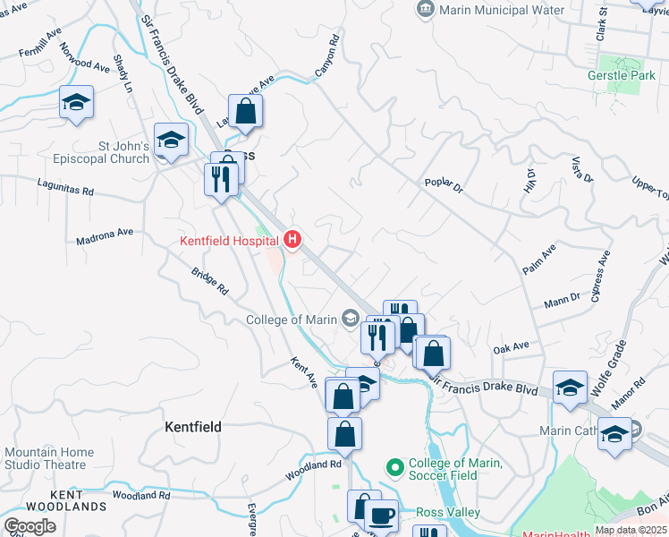 map of restaurants, bars, coffee shops, grocery stores, and more near 1036 Sir Francis Drake Boulevard in Kentfield