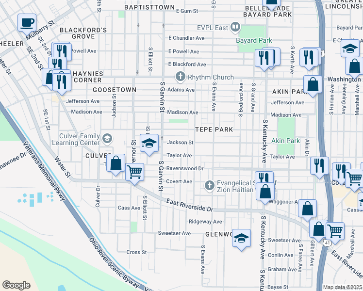 map of restaurants, bars, coffee shops, grocery stores, and more near 637 Jackson Avenue in Evansville