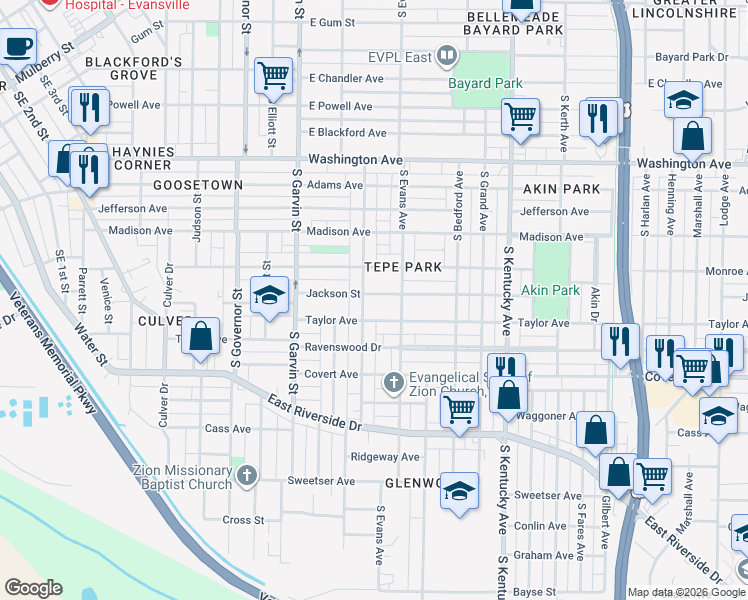 map of restaurants, bars, coffee shops, grocery stores, and more near 712 Taylor Avenue in Evansville