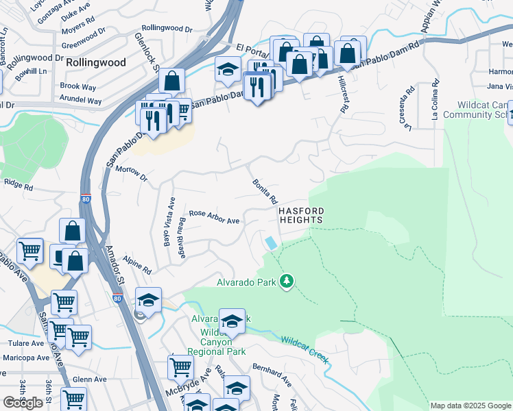 map of restaurants, bars, coffee shops, grocery stores, and more near 6253 Bayview Avenue in San Pablo