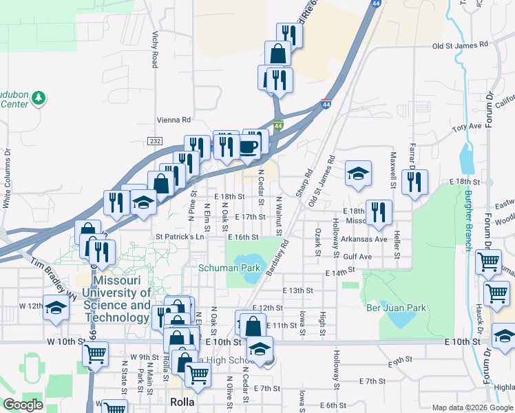 map of restaurants, bars, coffee shops, grocery stores, and more near 1705 North Cedar Street in Rolla