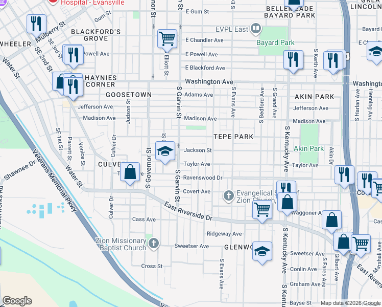 map of restaurants, bars, coffee shops, grocery stores, and more near 621 Jackson Avenue in Evansville