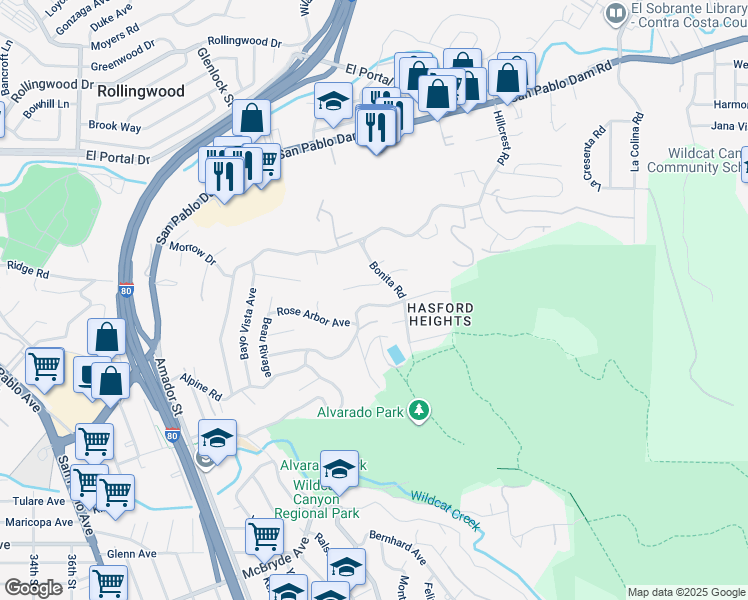 map of restaurants, bars, coffee shops, grocery stores, and more near 6253 Bayview Avenue in San Pablo