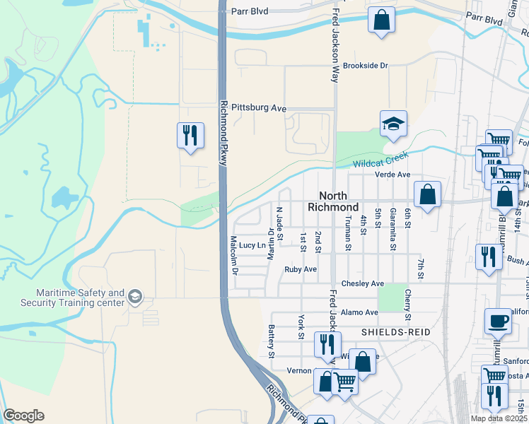 map of restaurants, bars, coffee shops, grocery stores, and more near 108 Spears Circle in Richmond