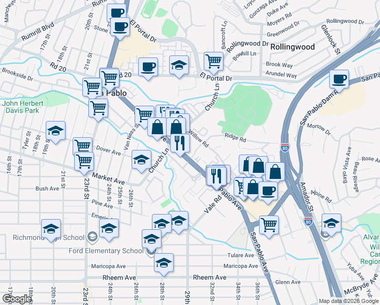 map of restaurants, bars, coffee shops, grocery stores, and more near 13700 San Pablo Avenue in San Pablo
