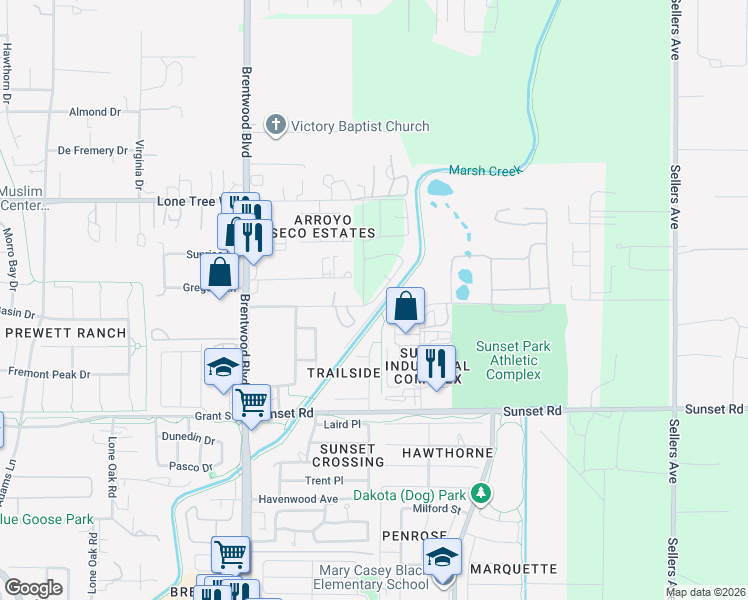 map of restaurants, bars, coffee shops, grocery stores, and more near 305 Hanson Lane in Brentwood
