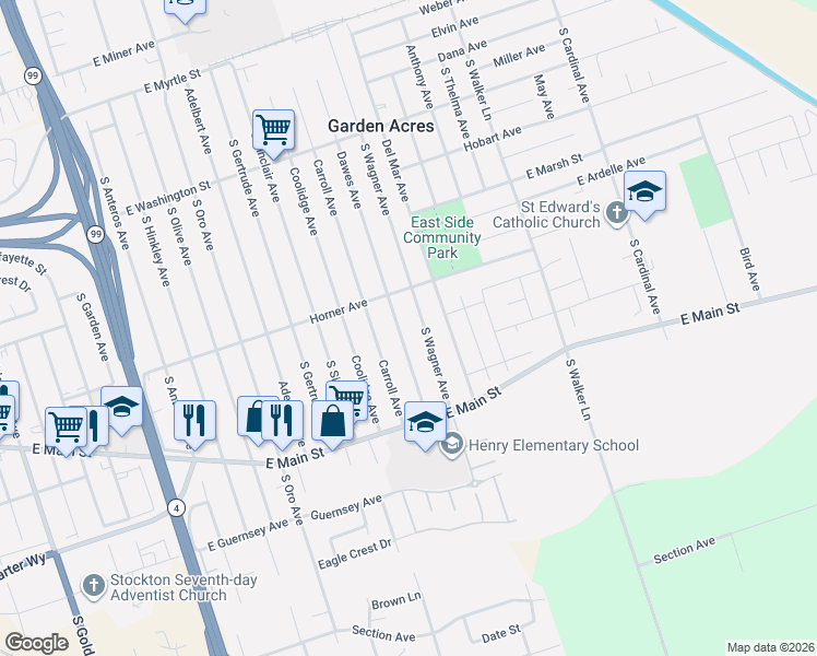 map of restaurants, bars, coffee shops, grocery stores, and more near 840 Carroll Avenue in Stockton