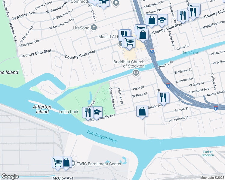 map of restaurants, bars, coffee shops, grocery stores, and more near 1251 Pinetree Drive in Stockton