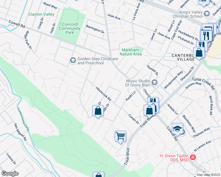 map of restaurants, bars, coffee shops, grocery stores, and more near 4005 Hitchcock Road in Concord
