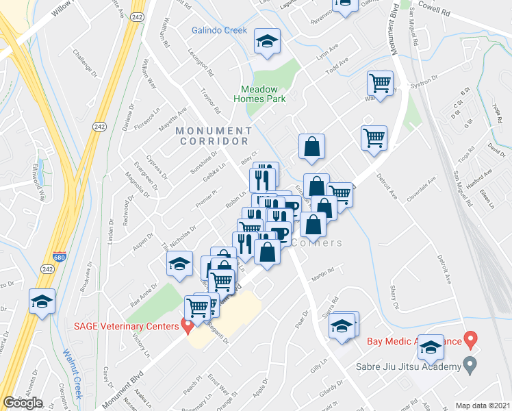 map of restaurants, bars, coffee shops, grocery stores, and more near 1133 Meadow Lane in Concord