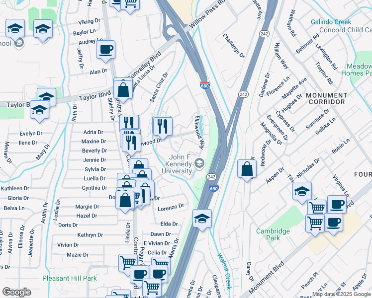 map of restaurants, bars, coffee shops, grocery stores, and more near 154 Morningside Way in Pleasant Hill