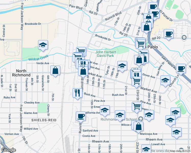 map of restaurants, bars, coffee shops, grocery stores, and more near 1733 15th Street in San Pablo