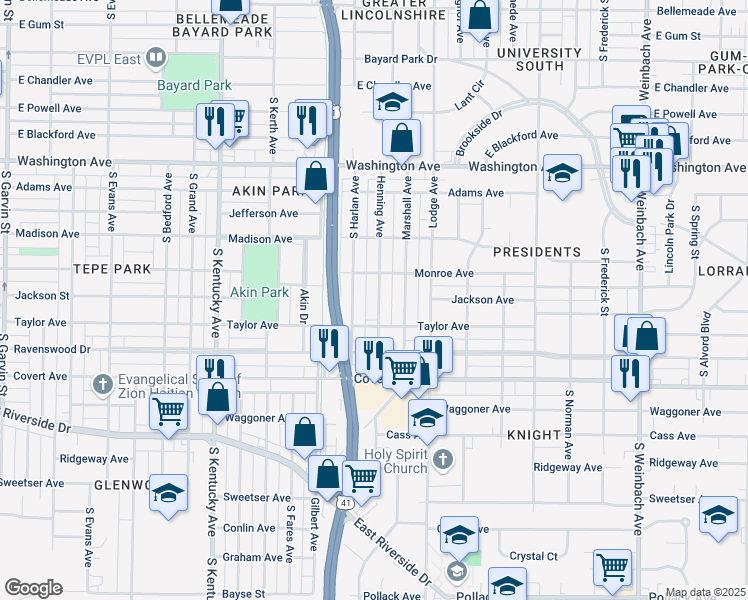 map of restaurants, bars, coffee shops, grocery stores, and more near 1321 Henning Avenue in Evansville
