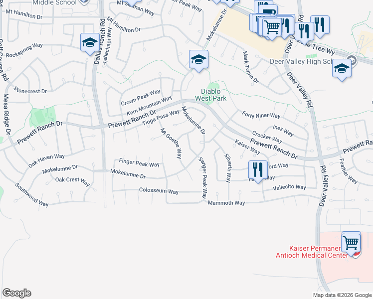 map of restaurants, bars, coffee shops, grocery stores, and more near 1834 Sanger Peak Way in Antioch