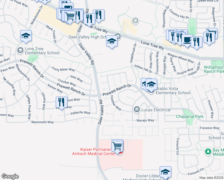 map of restaurants, bars, coffee shops, grocery stores, and more near 5209 Feather Way in Antioch