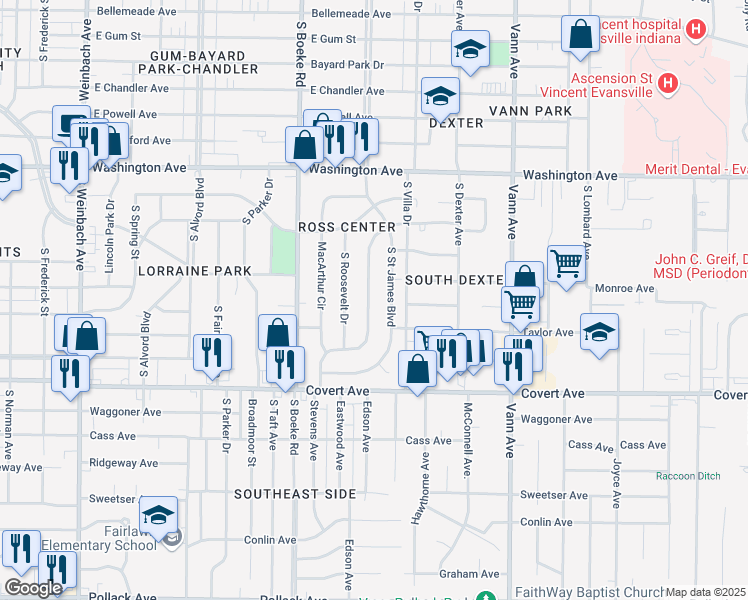 map of restaurants, bars, coffee shops, grocery stores, and more near 1312 South Ruston Avenue in Evansville