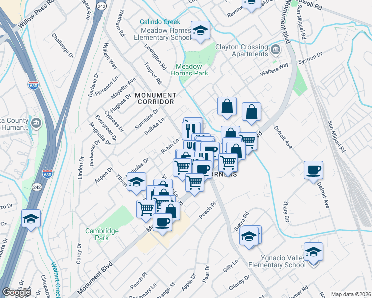 map of restaurants, bars, coffee shops, grocery stores, and more near 1133 Meadow Lane in Concord