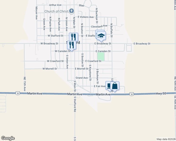 map of restaurants, bars, coffee shops, grocery stores, and more near 250-298 Grand Avenue in Stafford