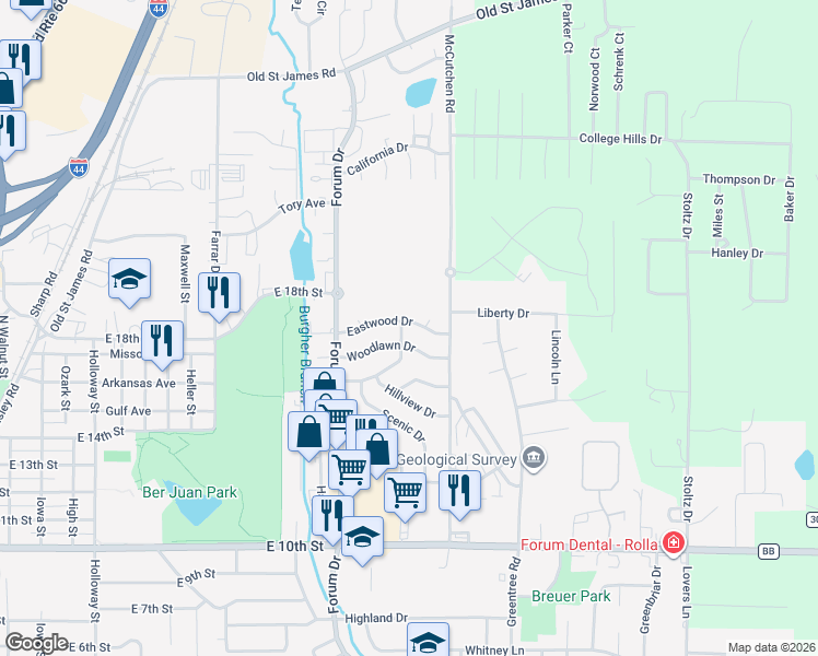 map of restaurants, bars, coffee shops, grocery stores, and more near 1319 Woodlawn Drive in Rolla