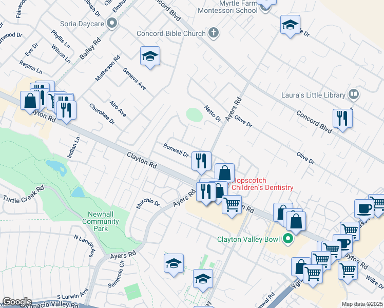 map of restaurants, bars, coffee shops, grocery stores, and more near 5071 Bonwell Drive in Concord