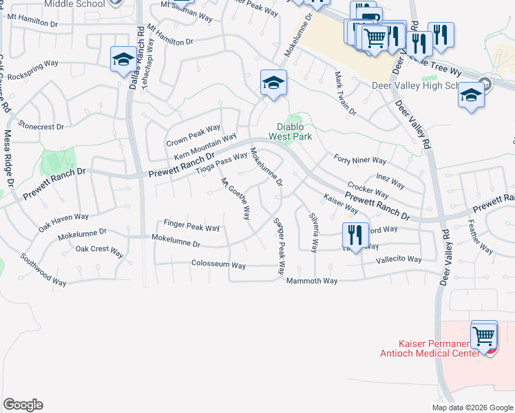 map of restaurants, bars, coffee shops, grocery stores, and more near 1834 Sanger Peak Way in Antioch