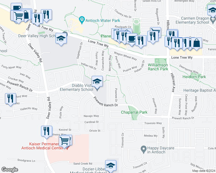 map of restaurants, bars, coffee shops, grocery stores, and more near 5140 Grass Valley Way in Antioch