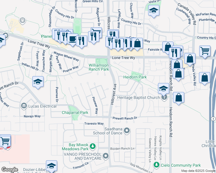 map of restaurants, bars, coffee shops, grocery stores, and more near 5213 Walker Court in Antioch