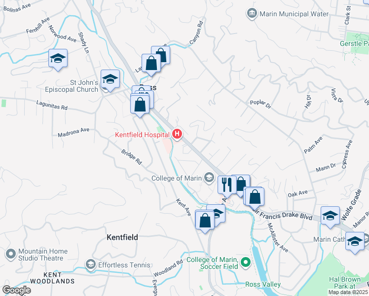 map of restaurants, bars, coffee shops, grocery stores, and more near 1111 Sir Francis Drake Boulevard in Kentfield