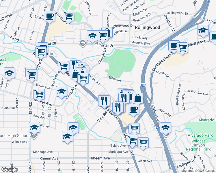 map of restaurants, bars, coffee shops, grocery stores, and more near 2532 Oakwood Court in San Pablo