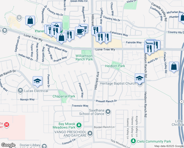 map of restaurants, bars, coffee shops, grocery stores, and more near 5213 Walker Court in Antioch