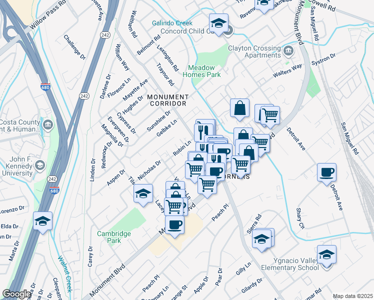 map of restaurants, bars, coffee shops, grocery stores, and more near 1866 Robin Lane in Concord