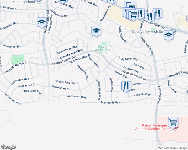 map of restaurants, bars, coffee shops, grocery stores, and more near 1835 Sanger Peak Way in Antioch