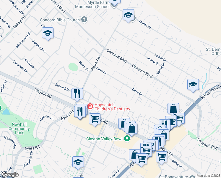 map of restaurants, bars, coffee shops, grocery stores, and more near 5182 La Corte Bonita in Concord