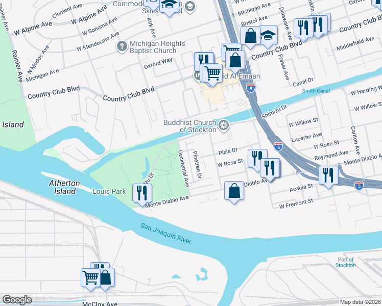 map of restaurants, bars, coffee shops, grocery stores, and more near 2922 Shimizu Drive in Stockton