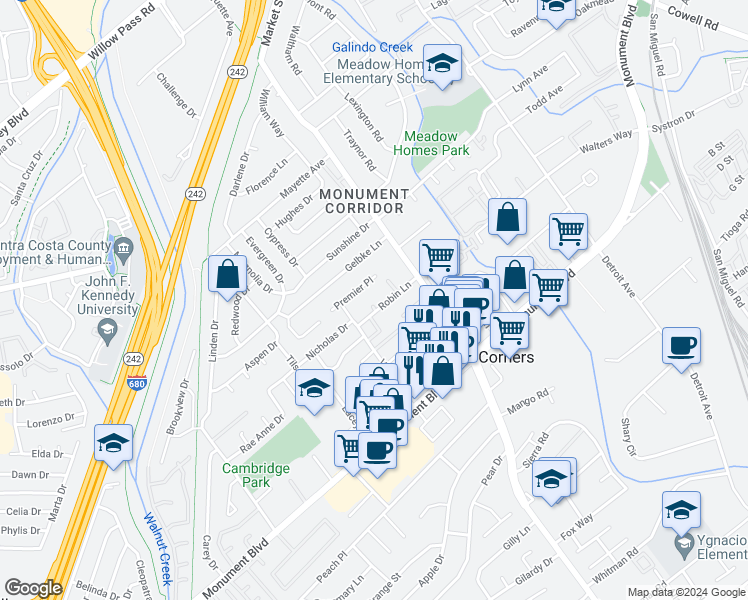 map of restaurants, bars, coffee shops, grocery stores, and more near 1892 Premier Place in Concord
