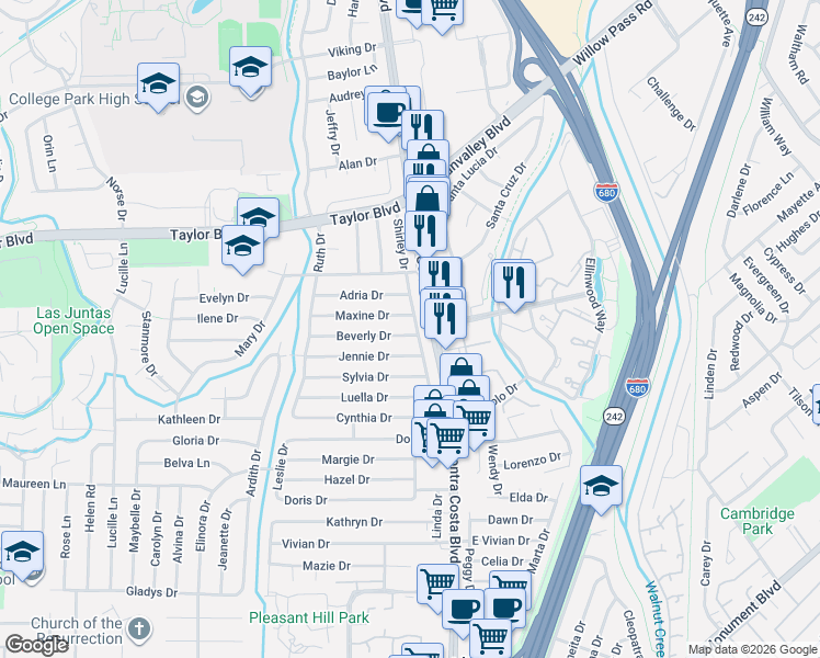 map of restaurants, bars, coffee shops, grocery stores, and more near 112 Maxine Drive in Pleasant Hill