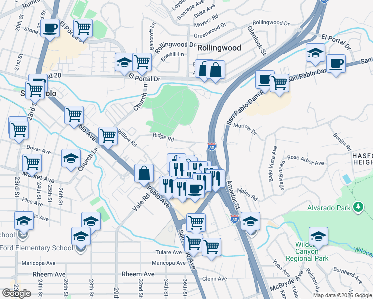 map of restaurants, bars, coffee shops, grocery stores, and more near 2703 Vale Road in San Pablo