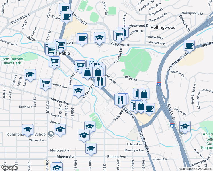 map of restaurants, bars, coffee shops, grocery stores, and more near 13700 Willow Road in San Pablo