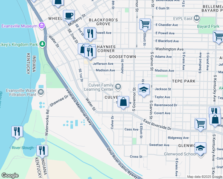 map of restaurants, bars, coffee shops, grocery stores, and more near 1309 Culver Drive in Evansville