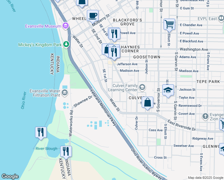 map of restaurants, bars, coffee shops, grocery stores, and more near 67 Monroe Avenue in Evansville
