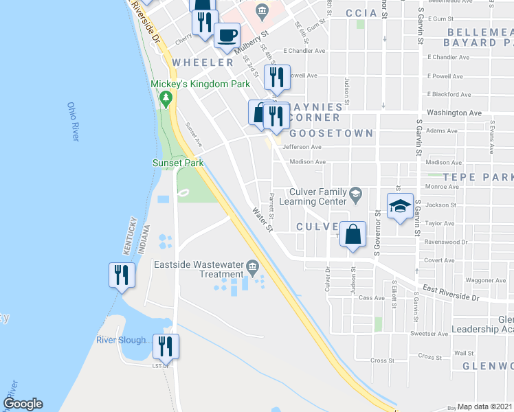 map of restaurants, bars, coffee shops, grocery stores, and more near 1310 Southeast 1st Street in Evansville
